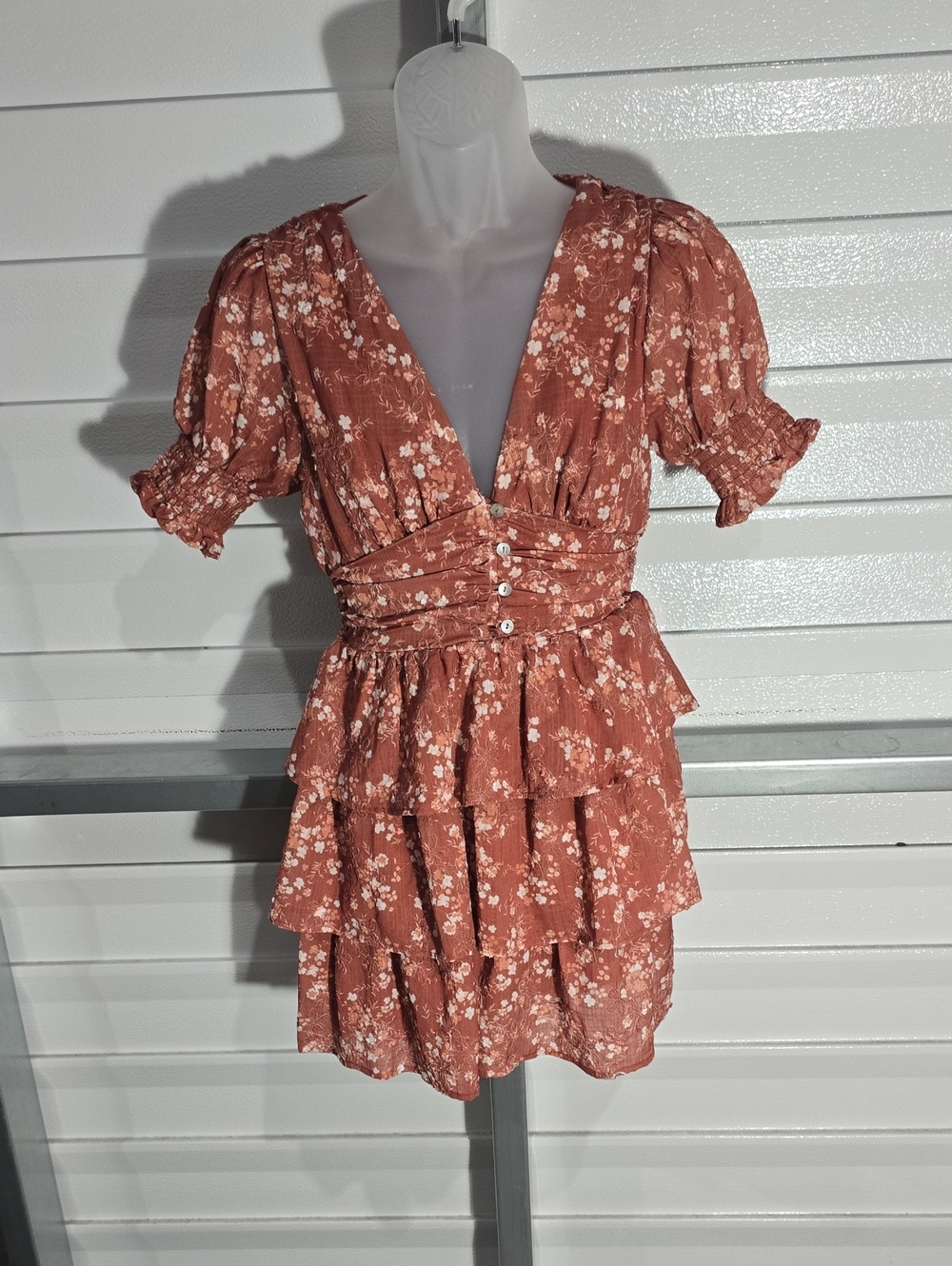 Altar'd State Rust Floral Ruffle Tiered Mini Dresssize Medium